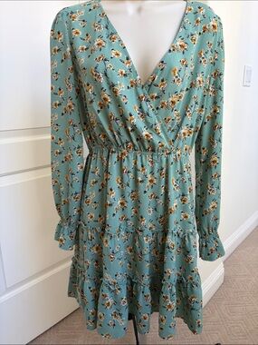 Inspired Hearts Seafoam Green Floral Wrap Long Sleeve Dress